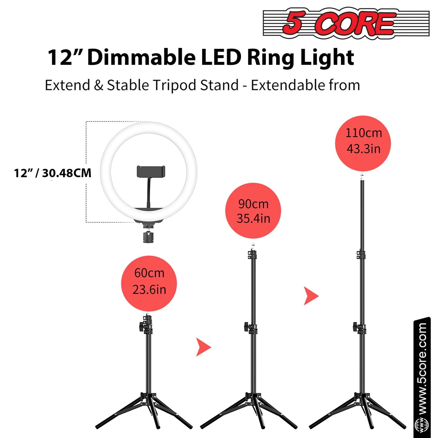 5 Core 12" Selfie LED Circle Light with 67" Adjustable Tripod Stand & Phone Holder