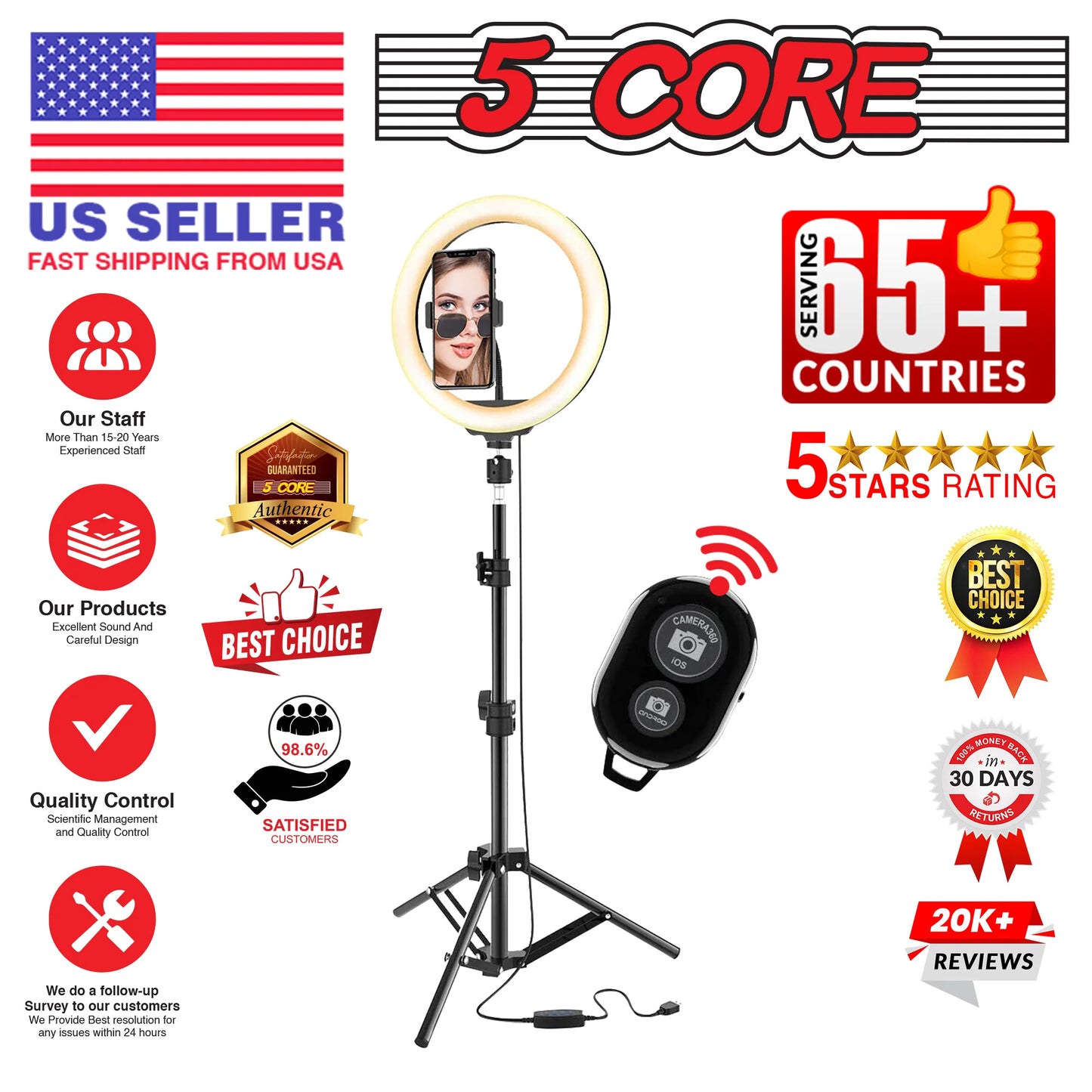 5 Core 12" Selfie LED Circle Light with 67" Adjustable Tripod Stand & Phone Holder