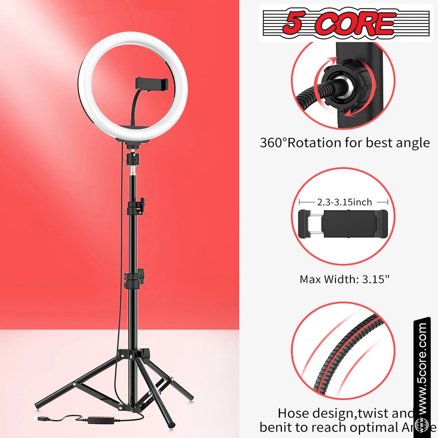 5 Core 12" Selfie LED Circle Light with 67" Adjustable Tripod Stand & Phone Holder