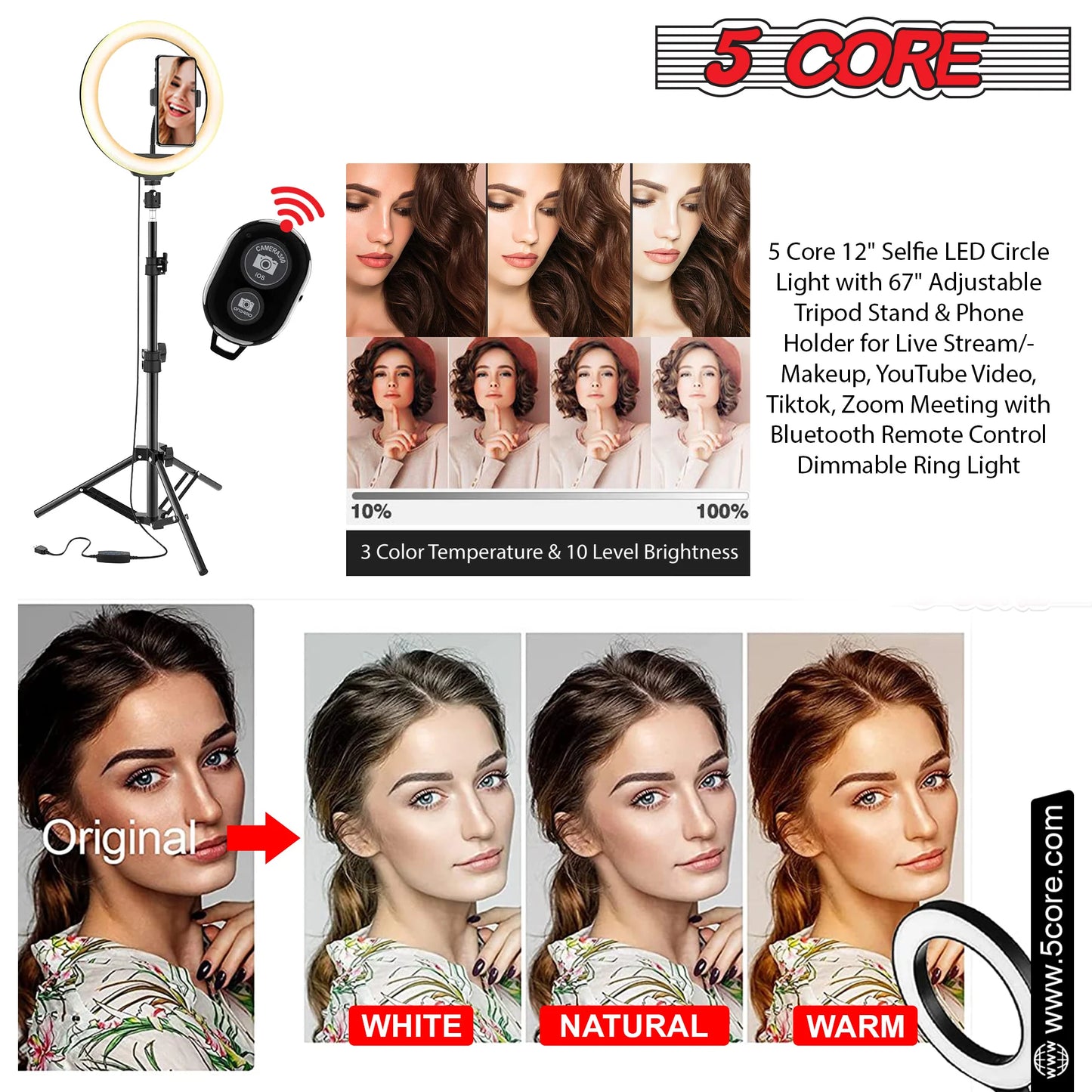 5 Core 12" Selfie LED Circle Light with 67" Adjustable Tripod Stand & Phone Holder