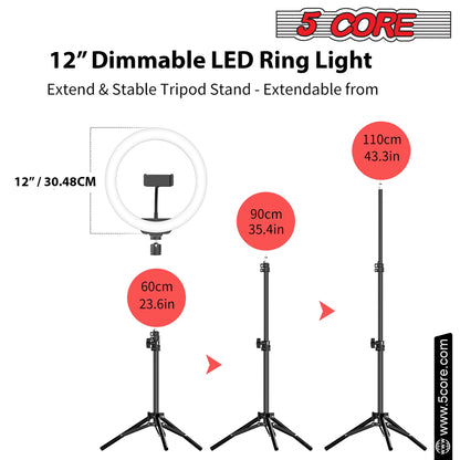 5 Core 12" Selfie LED Circle Light with 67" Adjustable Tripod Stand & Phone Holder